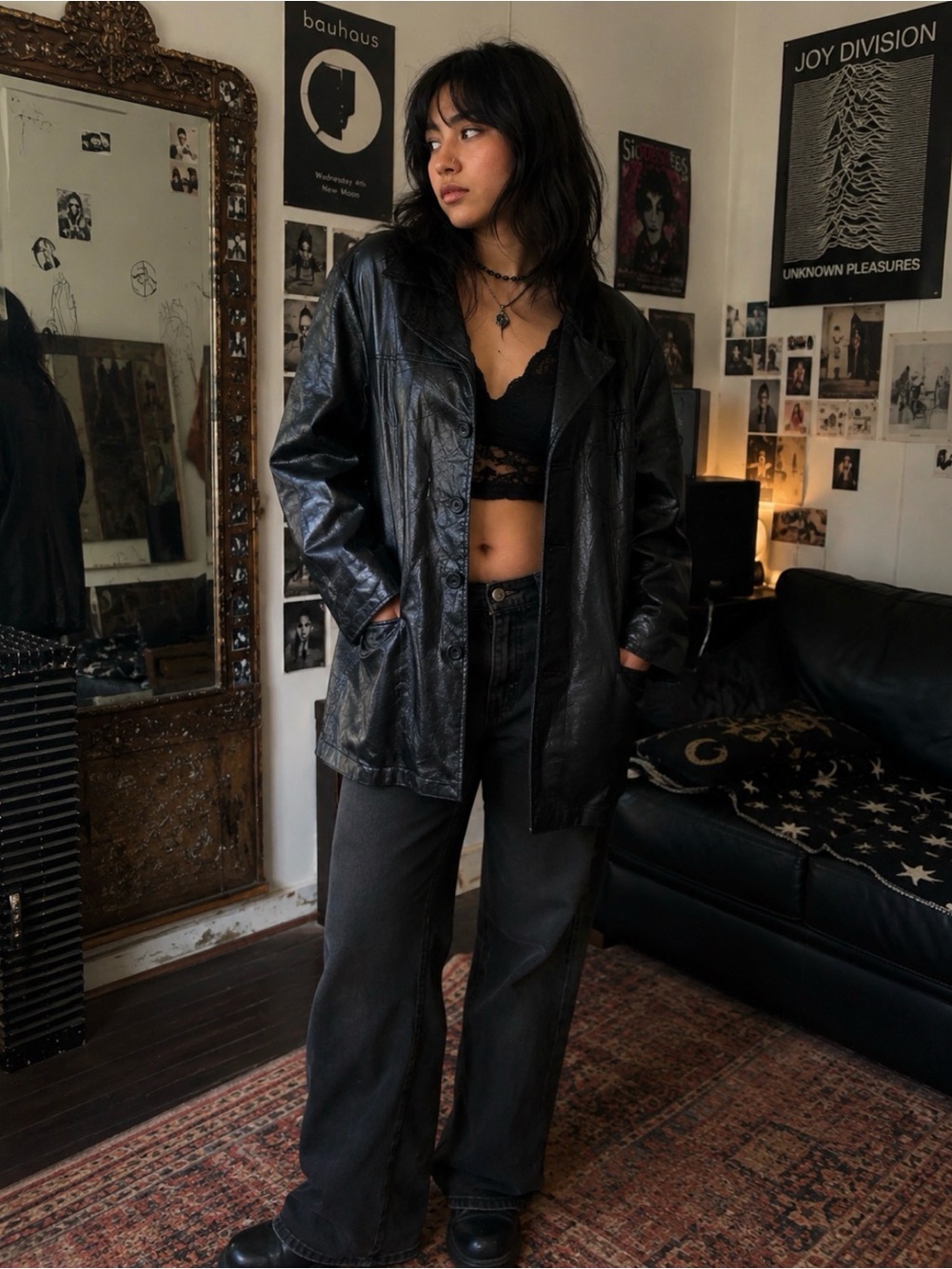 Black Leather Button-Up Jacket